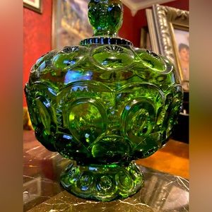 Vintage L. E. Smith Green Moon and Stars Candy Dish